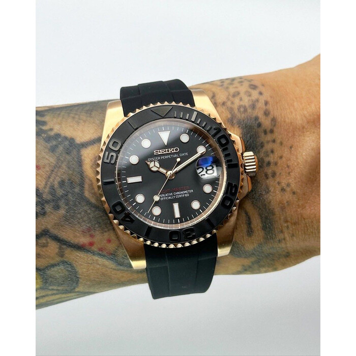 Custom Seiko Mod • Matte Black Red Text Rose Gold Yachtmaster • 40mm